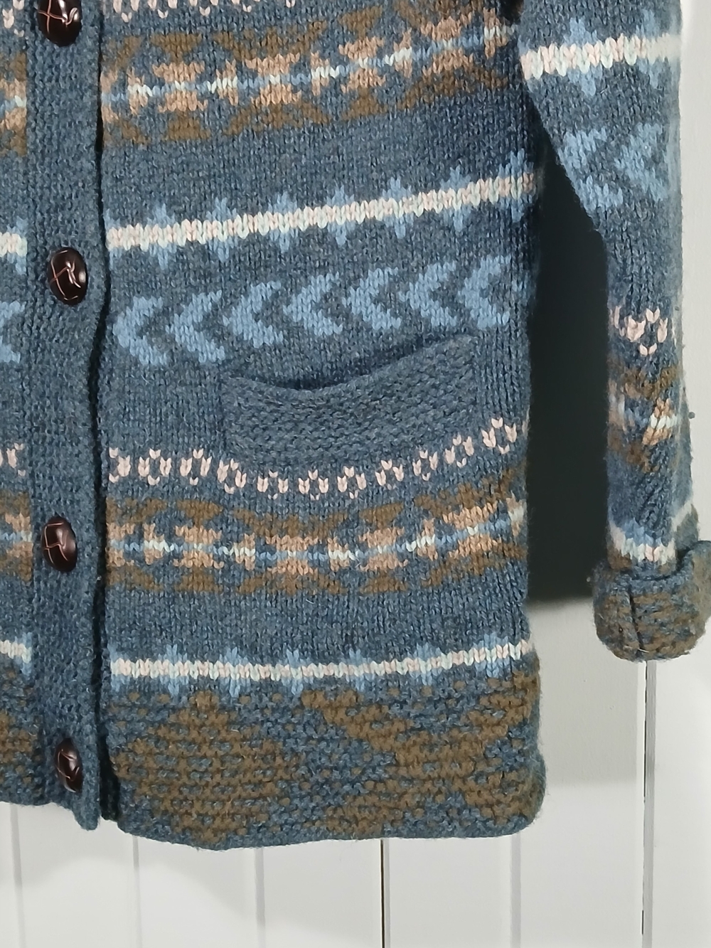 Vintage Woolrich Shawl Collar Blue Fair Isle Cardigan Sweater - Picture 4 of 8
